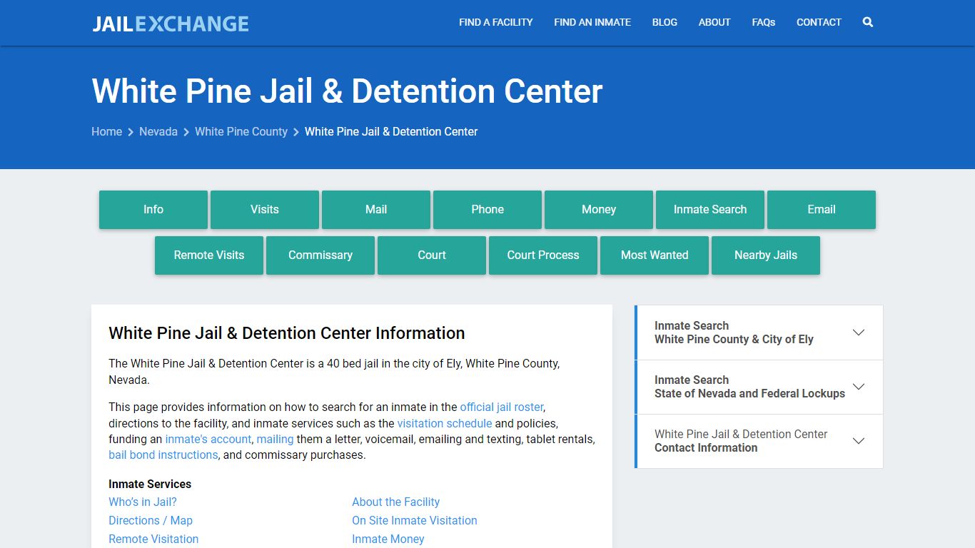 White Pine Jail & Detention Center, NV Inmate Search, Information