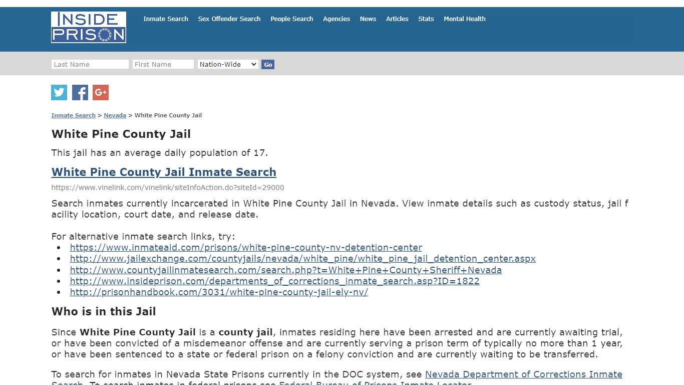 White Pine County Jail - Nevada - Inmate Search - Inside Prison